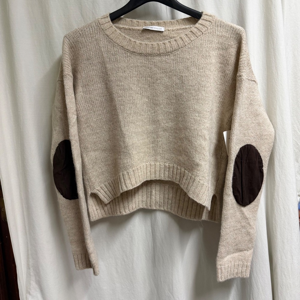NWT See by Chloe Alpaca Blend Cropped Sweater Beige Elbow Patches Sz 12 USA